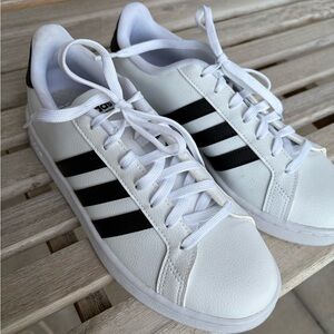 Adidas Women's Cloud Foam Comfort White and Black Striped Sneakers